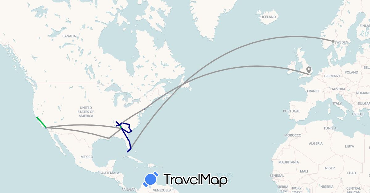 TravelMap itinerary: driving, bus, plane in United Kingdom, Norway, United States (Europe, North America)
